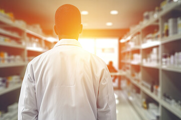 Blurred background of a pharmacy store. Pharmacist and medicine concept. - obrazy, fototapety, plakaty