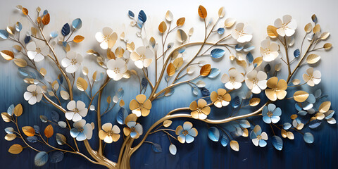 3d Mural Wallpaper Colorful Tree With Turquoise Blue And Brown Leaves .AI Generative 