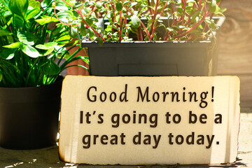 Morning quote on brown burn paper with potted plant. - obrazy, fototapety, plakaty