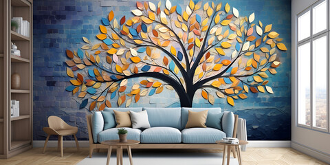 Colorful tree with multicolor leaves illustration background interior wall art decor.AI Generative 