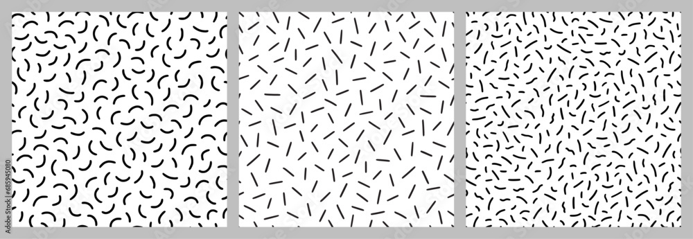 Poster Small dash pattern on white background set. Hand drawn small black dash seamless pattern. Simple minimal abstract, geometric texture design seamless background. Vector illustration