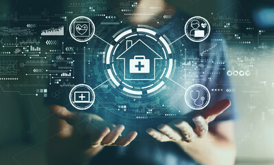 Telehealth theme with young man in the night