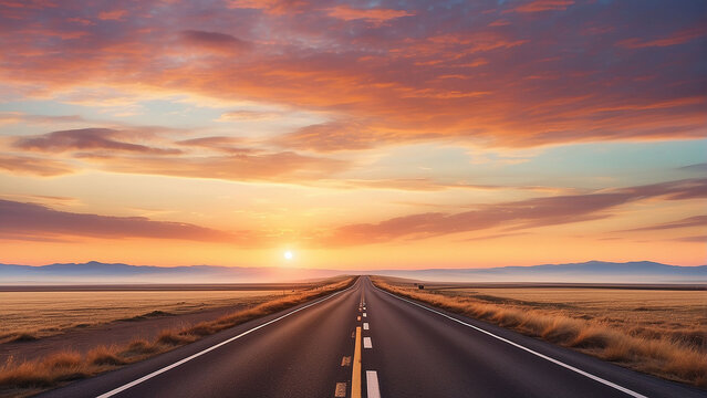 A long, winding highway stretching through vast landscapes, disappearing into the horizon. The sky is painted with hues of sunset, casting a warm glow on the road AI-Generative