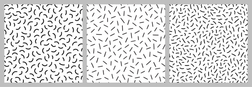 Small dash pattern on white background set. Hand drawn small black dash seamless pattern. Simple minimal abstract, geometric texture design seamless background. Vector illustration