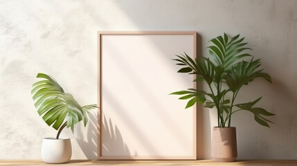 Blank, frame and canvas on a living room wall for mockup prints, graphic design and home interior. White, clean and empty space for art ideas collection, painting studio or creative inspiration