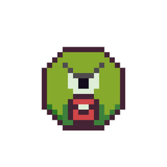One-eyed angry green face with red lips pixel art icon  emoticon cartoon character. 8-bit flat style. Isolated abstract vector illustration.