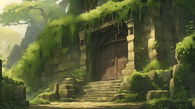 foreboding mist shrouds ancient nunnery, stone walls covered moss. eerie silence broken only occasional creak heavy door faint chanting unseen voices. 2d animation