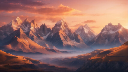 Obraz premium Capture the serene beauty of a mountain landscape bathed in the warm hues of the setting sun, creating a captivating contrast between rugged peaks and the soft glow of twilight AI-Generative