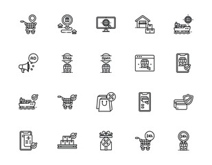 Set of outline icons related to e-commerce, and shopping. Editable stroke. Outline icons suitable for web, infographics, interface, and apps.