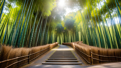 nice view of green bamboo with road to the end