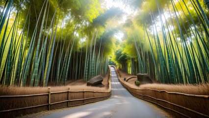 nice view of green bamboo with road to the end - 685946011