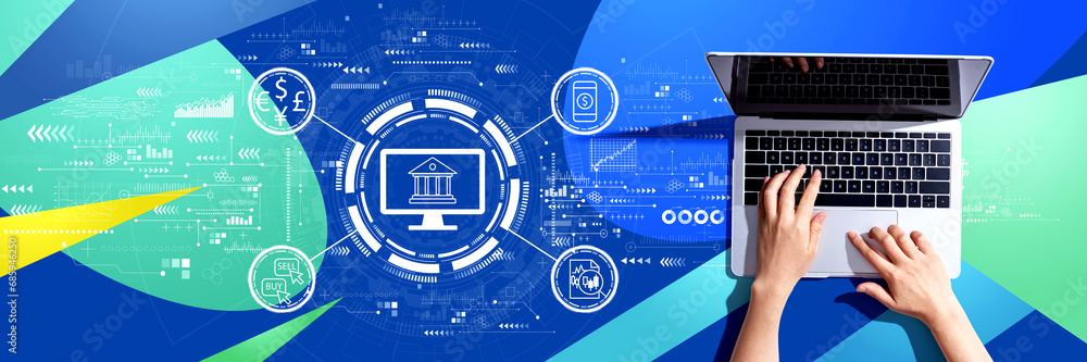 Poster fintech theme with person using a laptop computer