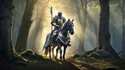 Picture a medieval knight on horseback, clad in armor, traversing a dense enchanted forest AI-Generative - obrazy, fototapety, plakaty