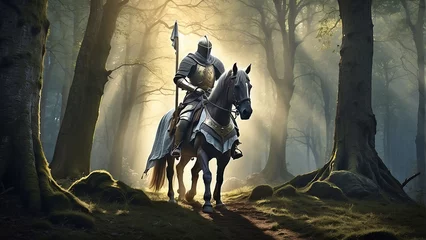 Poster Picture a medieval knight on horseback, clad in armor, traversing a dense enchanted forest AI-Generative © Max_T