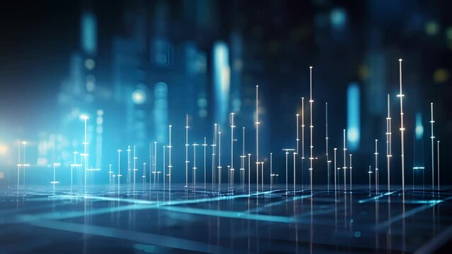 A visual representation of the connection between technology and financial success, ilrated through a blue background and a digital growth graph chart.