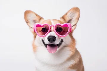 Fotobehang Cute little corgi dog wearing pink heart style sunglasses, St. Valentines concept.  © sderbane