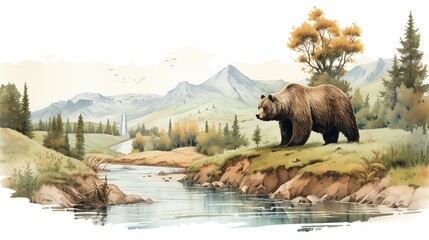 a bear on the riverside watercolor vintage painting for wall art background wallpaper