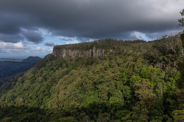 The tree covered cliffs at the edge of the escarpment at Springbrook in Lamington National Park on the Gold Coast in Queensland, Australia.