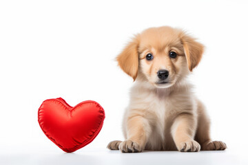 Cute lover Valentine Golden retriever puppy dog lying with a red heart, isolated on white background