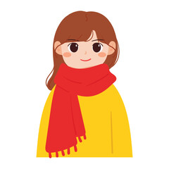 hand drawing cartoon girl wearing scarf in winter day. winter outfit. cute girl sticker