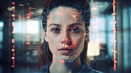 close up portrait, a young woman undergoes facial recognition through modern technology, concepts of identity verification and personal security.
