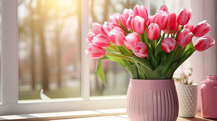 pink tulips in a vase on table with windows light