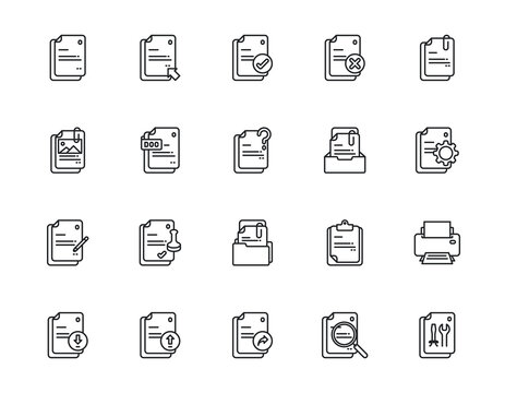 Set of outline icons related to documents, files, data, paperwork. Editable stroke. Outline icons suitable for web, infographics, interface, and apps.