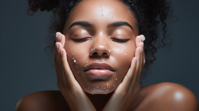 photo of a young African American woman washing her face with a gentle cleanser, concept of skincare and beauty