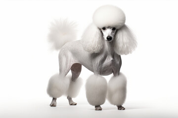 Obraz premium Poodle dog standing on a white background. Animal right-side portrait.