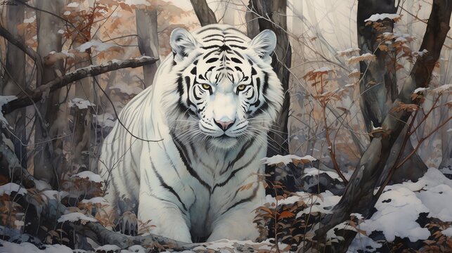 white tiger in the woods watercolor vintage painting for wall art background wallpaper