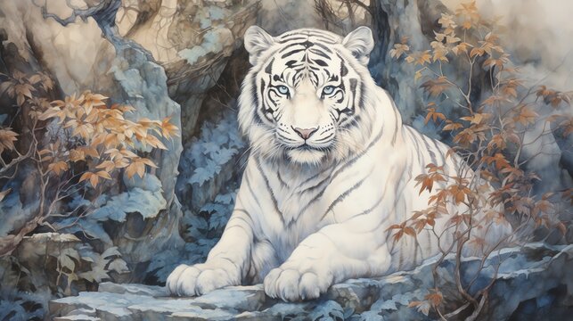 white tiger in the woods watercolor vintage painting for wall art background wallpaper