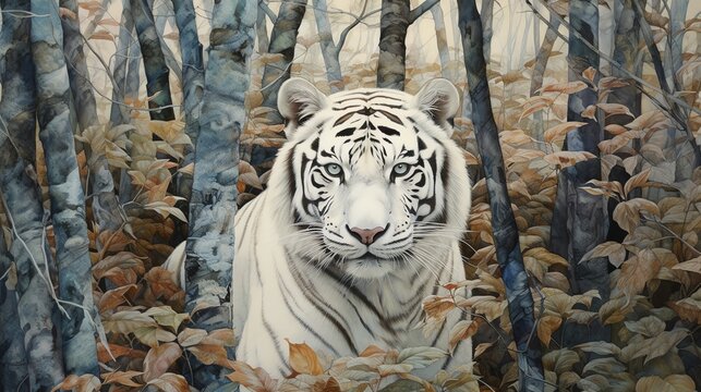 white tiger in the woods watercolor vintage painting for wall art background wallpaper