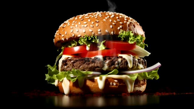 burger on black background, delicious food video stock generative ai