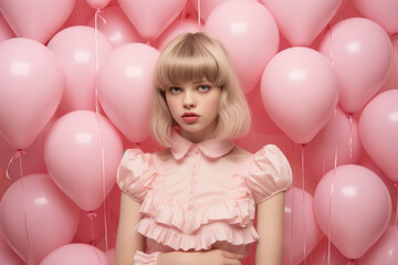 Fototapeta na wymiar young girl with pink dress on pastel pink lot of balloons background. St. Valentine's concept. 