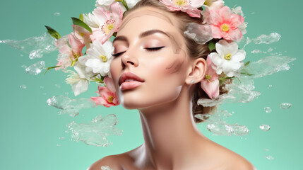 Young woman face with pastel colors makeup with splashes of water and fresh flowers around on blue...