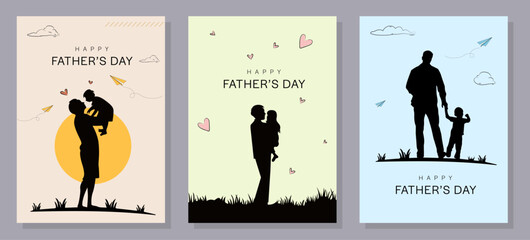 Happy Father's Day with dad and children silhouettes. Vector greeting card with a nice message of Father's Day. 