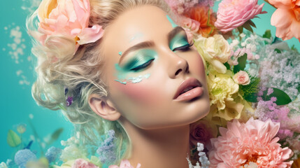 Young woman face with pastel colors makeup with splashes of water and fresh flowers around on blue background.