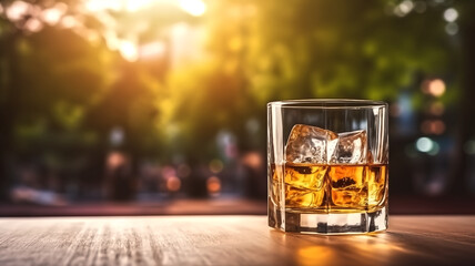 the glass of whiskey on the rock, on table with blurred beer gar - obrazy, fototapety, plakaty