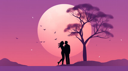 Silhouette of a couple kissing under a large pink moon, with a tranquil tree landscape, embodying romance and intimacy.
