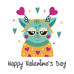 Angry cat in a headband with hearts. Green grumpy kitten congratulates you on Valentines Day. Sad pet in bright clothes. Vector icon isolated on white. Flat cartoon love clipart for poster, card, web