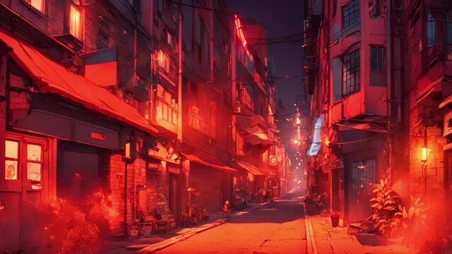 flicker orange flames dances along alley, casting eerie shadows brick walls. distant murmur cars occasional honk adds bustling energy city. stream overlay animation