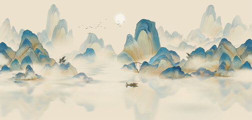 Hand painted China-Chic style blue artistic conception landscape painting