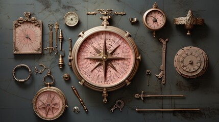 A collection of antique clocks and other items. Generative AI.