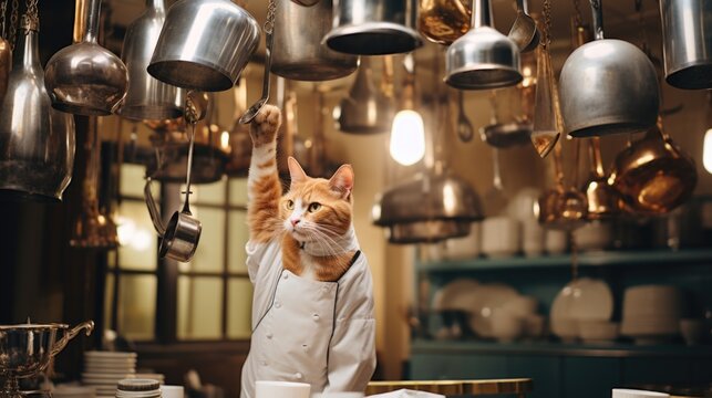 A cat in a chef's outfit is standing on a counter. Generative AI.