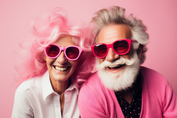 Happy elderly married couple in fashionable evening dresses posing on a purple studio background. St. Valentine's day concept. Retirement age and lifestyle.