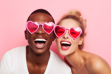 Happy Multiracial couple in pink heart shaped glasses in love. St. Valentine's day concept. - obrazy, fototapety, plakaty