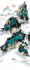 Hand drawn Chinese style blue ink landscape painting 