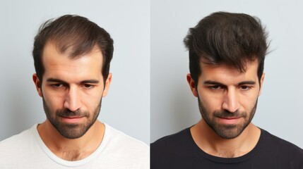 Before and after hair transplant: A man's transformation, front view.