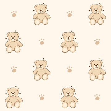 Teddy Bear pattern cartoon style with pastel background color, adorable, cute and funny