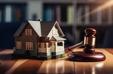 Gavel with model house on a table with home insurance and law home concept. - obrazy, fototapety, plakaty